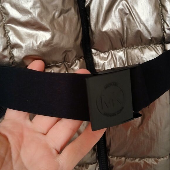 Michael Kors Champagne Metallic Belted Puffer Jacket/ Detachable Hood sz L - Picture 2 of 10